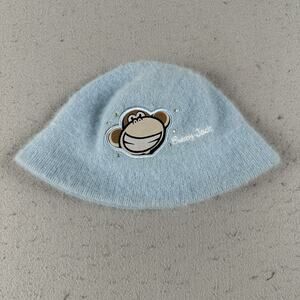 Y2K Bobby Jack Girls Fuzzy Angora Beanie‎ Hat Blue Monkey Embroidered Knit Retro